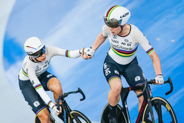 Lotte Kopecky catapulting Belgian teammate Shari Bossuyt into a relay swap at the Track Nations Cup round 3 in Canada