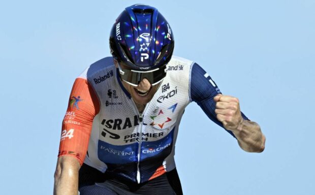 Canadian Michael Woods (Israel-Premier Tech) celebrates after winning stage 9 of the Tour de France