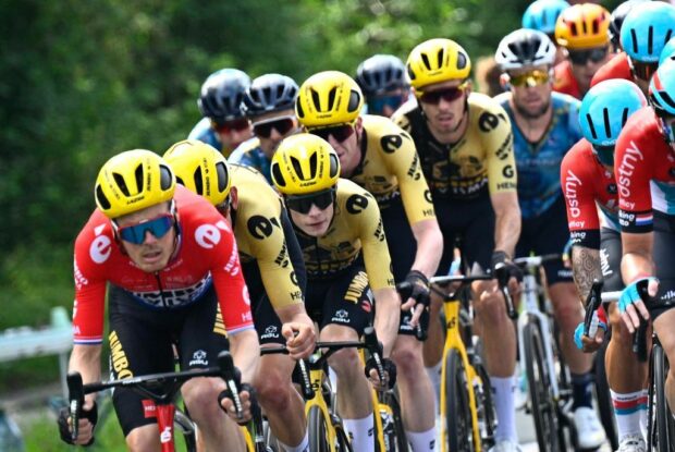 Dutch Dylan Van Baarle of JumboVisma Belgian Tiesj Benoot of JumboVisma and Danish Jonas Vingegaard of JumboVisma and French Christophe Laporte of JumboVisma pictured in action during the third stage of the Tour de France cycling race a 1874 km race from AmorebietaEtxano to Bayonne France Monday 03 July 2023 This years Tour de France takes place from 01 to 23 July 2023 BELGA PHOTO JASPER JACOBS Photo by JASPER JACOBS BELGA MAG Belga via AFP Photo by JASPER JACOBSBELGA MAGAFP via Getty Images