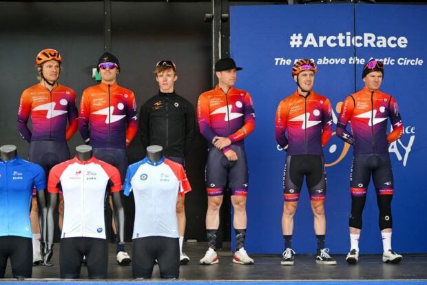 KAUTOKEINO NORWAY AUGUST 17 A general view of August Jensen of Norway Kristian Aasvold of Norway Paul Double of Great Britain Colin Joyce of The United States Ben Perry of Canada Sebastian Schnberger of Austria and Team Human Powered Health prior to the 10th Arctic Race of Norway Stage 1 a 171km stage from Kautokeino to Alta UCIWT on August 17 2023 in Kautokeino Norway Photo by Luc ClaessenGetty Images