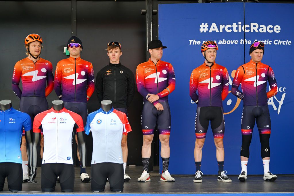 KAUTOKEINO NORWAY AUGUST 17 A general view of August Jensen of Norway Kristian Aasvold of Norway Paul Double of Great Britain Colin Joyce of The United States Ben Perry of Canada Sebastian Schnberger of Austria and Team Human Powered Health prior to the 10th Arctic Race of Norway Stage 1 a 171km stage from Kautokeino to Alta UCIWT on August 17 2023 in Kautokeino Norway Photo by Luc ClaessenGetty Images