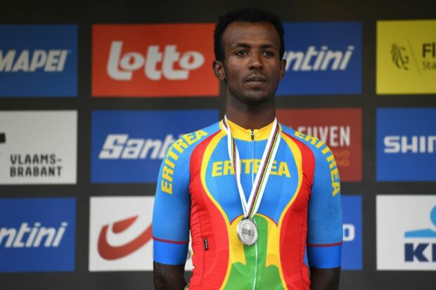 LEUVEN BELGIUM SEPTEMBER 24 Silver medalist Biniam Girmay of Eritrea celebrates winning during the medal ceremony after the 94th UCI Road World Championships 2021 Men U23 Road Race a 1609km race from Antwerp to Leuven flanders2021 on September 24 2021 in Leuven Belgium Photo by Tim de WaeleGetty Images