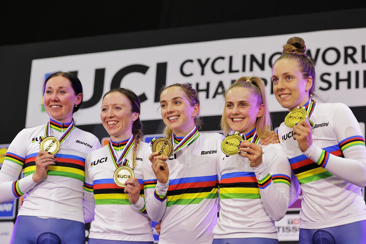 2023 UCI Cycling World Championships: Katie Archibald, Elinor Barker, Josie Knight, Anna Morris, Megan Barker of Great Britain receiving their gold medals after their victory in the Women