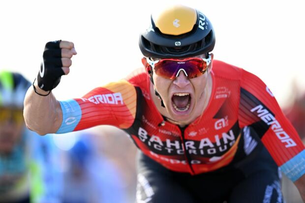 SAN SALVO ITALY MAY 07 Jonathan Milan of Italy and Team Bahrain Victorious celebrates at finish line as stage winner during the 106th Giro dItalia 2023 Stage 2 a 202km stage from Teramo to San Salvo UCIWT on May 07 2023 in San Salvo Italy Photo by Stuart FranklinGetty Images