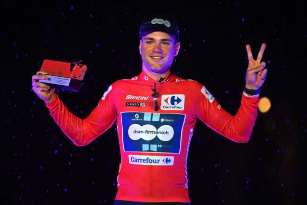 Lorenzo Milesi (dsm-firmenich) wins the first red leader’s jersey