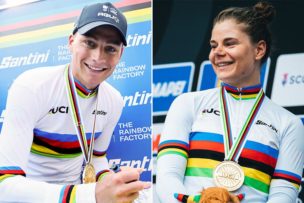 Mathieu van der Poel and Lotte Kopecky after claiming the men