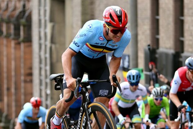 Remco Evenepoel (Belgium) attacks during the elite men’s road race