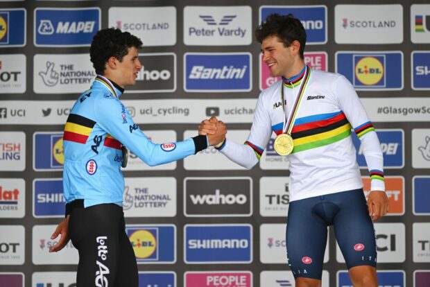 STIRLING SCOTLAND AUGUST 09 LR Silver medalist Alec Segaert of Belgium and gold medalist Lorenzo Milesi of Italy pose on the podium during the medal ceremony after the Men Under 23 Individual Time Trial a 362km race from Stirling to Stirling 80m at the 96th UCI Cycling World Championships Glasgow 2023 Day 7 UCIWT on August 09 2023 in Glasgow Stirling Photo by Dario BelingheriGetty Images