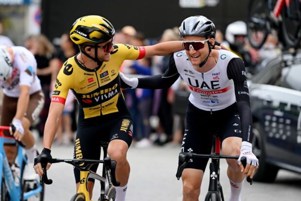 STRZELIN POLAND AUGUST 01 LR Tosh Van Der Sande of Belgium and Team JumboVisma and Tim Wellens of Belgium and UAE Team Emirates prior to the 80th Tour de Pologne 2023 Stage 4 a 1991km stage from Strzelin to Opole UCIWT on August 01 2023 in Strzelin Poland Photo by Dario BelingheriGetty Images