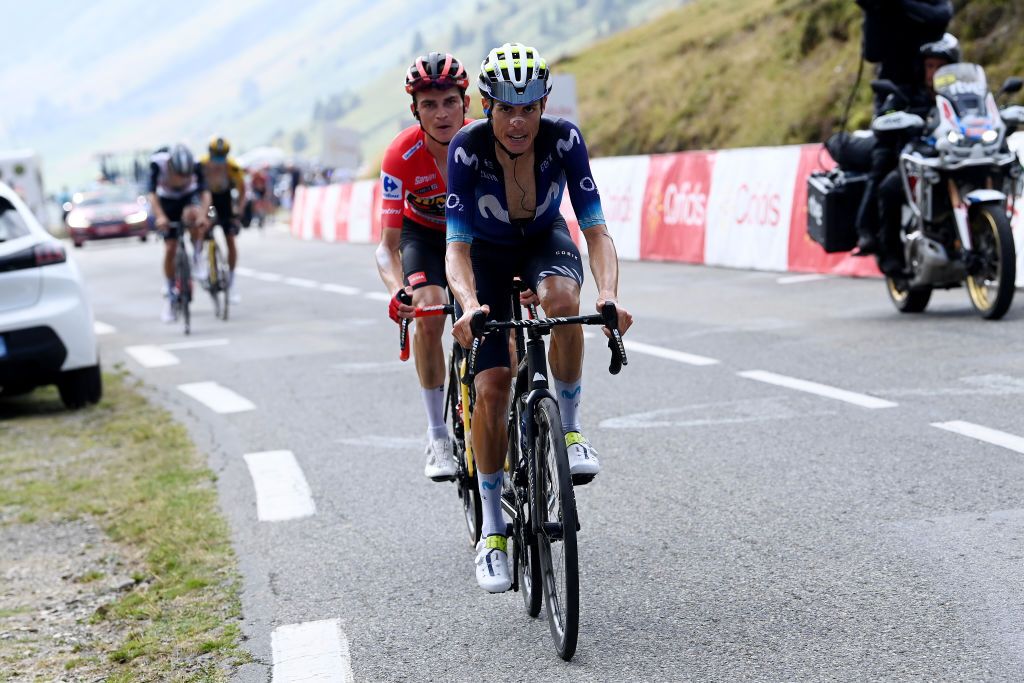 Enric Mas (Movistar) leads Vuelta a España leader Sepp Kuss (Jumbo-Visma) up the Col du Tourmalet on stage 13