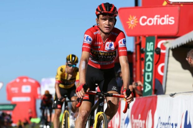 LACRUZDELINARES SPAIN SEPTEMBER 14 Sepp Kuss of The United States and Team JumboVisma Red Leader Jersey crosses the finish line during the 78th Tour of Spain 2023 Stage 18 a 1789km stage from Pola de Allande to La Cruz de Linares 840m UCIWT on September 14 2023 in La Cruz de Linares Spain Photo by Alexander HassensteinGetty Images