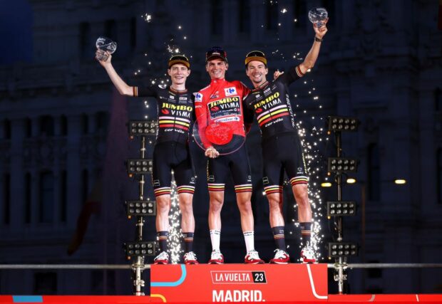 Jumbo-Visma sweep Vuelta a España overall podium (l-r): second place Jonas Vingegaard, winner Sepp Kuss and third place Primož Roglič