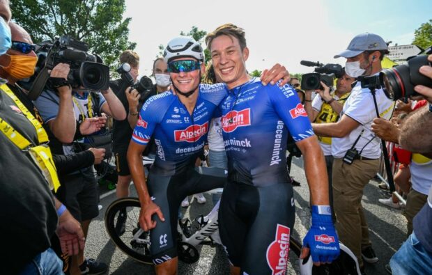 Jasper Philipsen and Mathieu van der Poel of Alpecin Deceuninck after stage 3 of the Tour de France