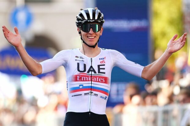 Tadej Pogačar (UAE Team Emirates) celebrates his third consecutive victory at Il Lombardia