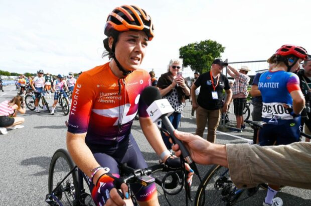 PLOUAY FRANCE SEPTEMBER 02 Audrey CordonRagot of France and Team Human Powered Health meets the media press after the 22nd GP de Plouay Lorient Agglomration Trophe Ceratizit 2023 a 1596km one day race from Plouay to Plouay UCIWWT on September 02 2023 in Plouay France Photo by Bruno BadeGetty Images