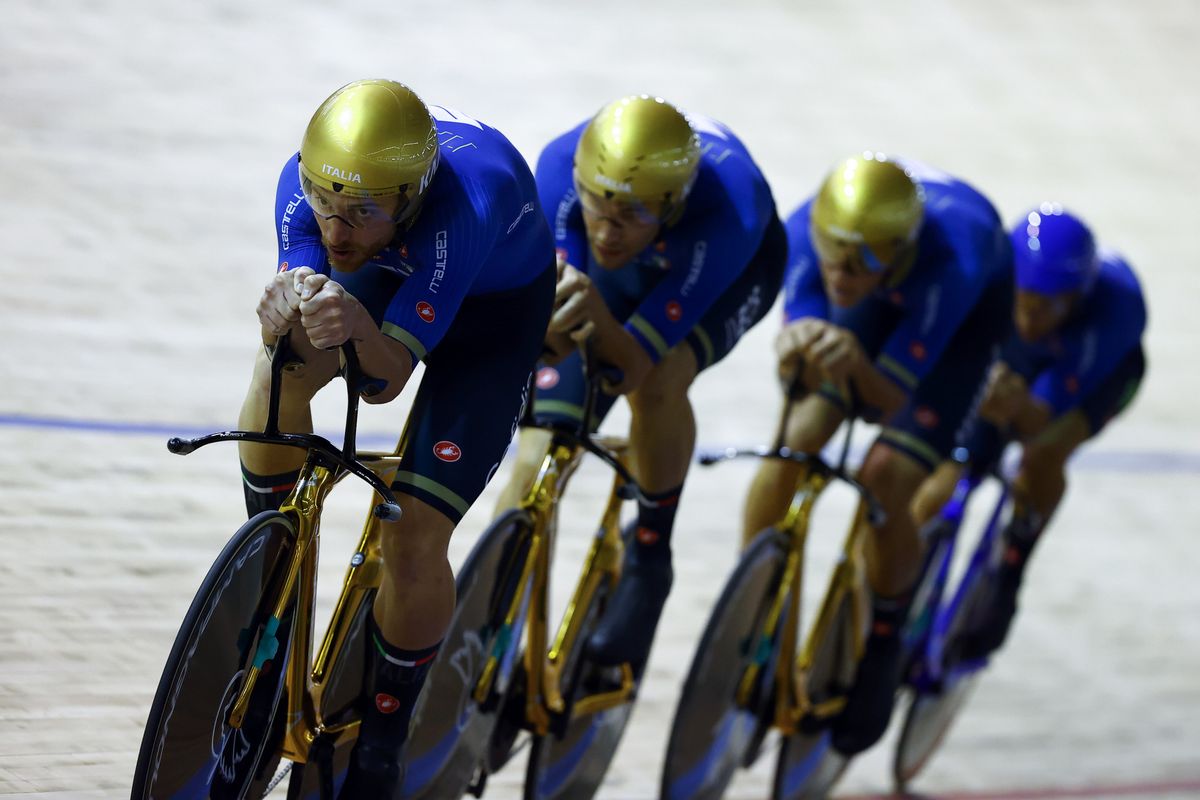 2021 UCI Track World Championship Day 2 Roubaix France Mens Time Pursuit 21102021 Simone Consonni Johnatan Milan Liam Bertazzo Filippo Ganna ITA photo Luca BettiniBettiniPhoto2021