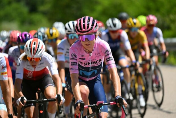 Annemiek van Vleuten (Movistar) in the pink jersey of the race leader at the 2022 Giro d