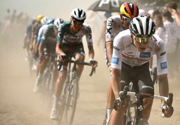 Tadej Pogačar during the cobble stage of the 2022 Tour de France