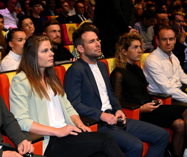 Mark Cavendish watched the Tour de France presentation alongside Lotte Kopecky and other riders