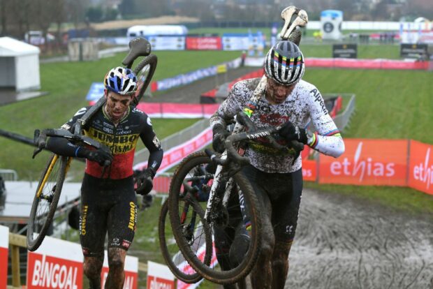 Wout Van Aert and Mathieu Van Der Poel in action in the mud