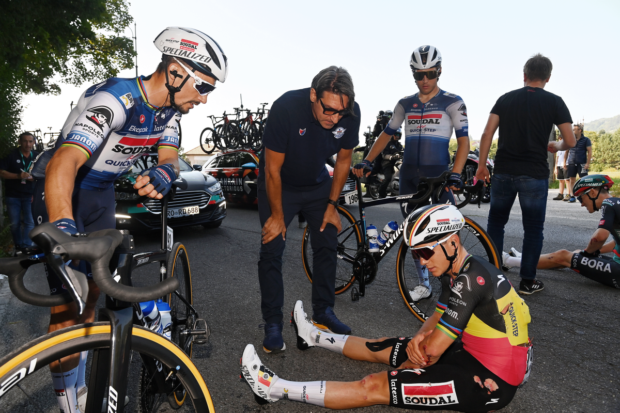 Remco Evenepoel after his early crash at Il Lombardia 2023