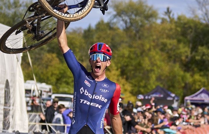 Thibau Nys celebrates his breakthrough victory in Waterloo