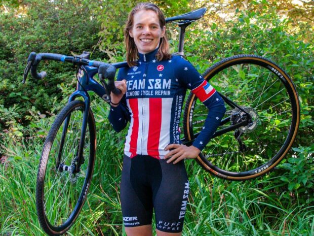 Three-time US cyclocross national champion Clara Honsinger show off her new Team S&M CX kit for 2023-24 season