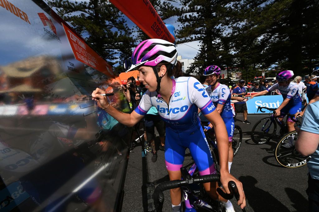 GLENELG ADELAIDE AUSTRALIA JANUARY 15 Georgia Baker of Australia and Team Jayco Alula prior to the 7th Santos Womens Tour Down Under 2023 Stage 1 a 1104km stage from Glenelg to Aldinga TourDownUnder UCIWWT on January 15 2023 in Glenelg Adelaide Australia Photo by Tim de WaeleGetty Images