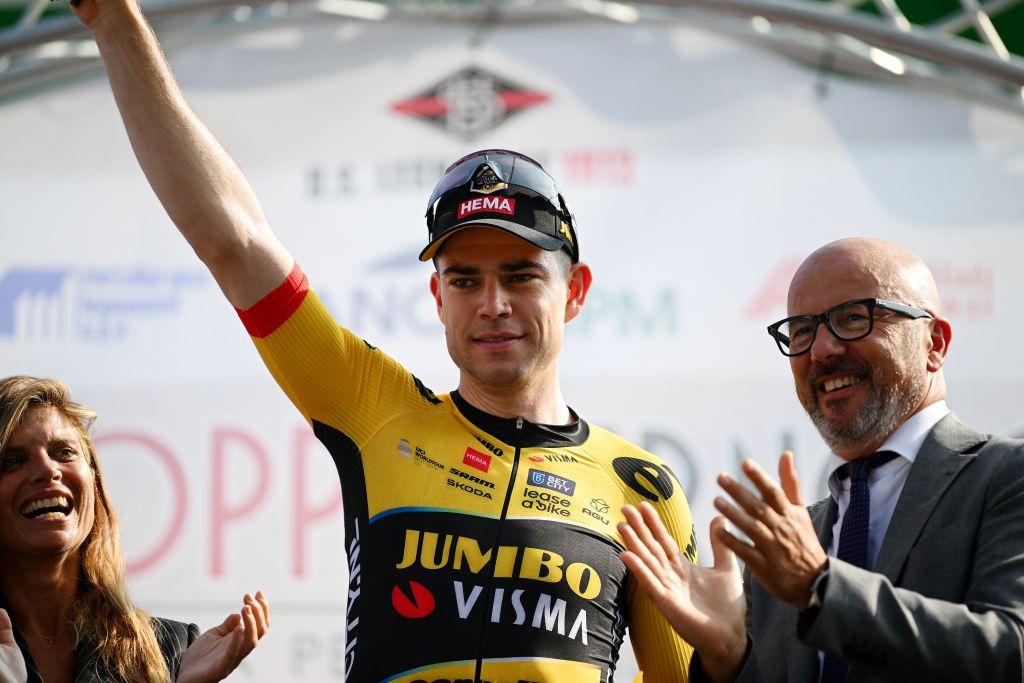 Wout van Aert, seen here celebrating victory at the Coppa Bernocchi, is riding his last races under long-time coach Marc Lamberts