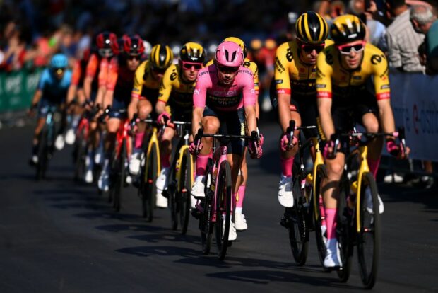 Primož Roglič is protected by his Jumbo-Visma teammates during the Giro d