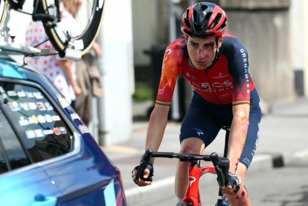 LEMARKSTEIN FRANCE JULY 22 Carlos Rodriguez Cano of Spain and Team INEOS Grenadiers injured after falling during the stage twenty of the 110th Tour de France 2023 a 1335km stage from Belfort to Le Markstein 1192m UCIWT on July 22 2023 in Le Markstein France Photo by David RamosGetty Images