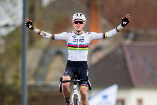 Dutch rider Fem Van Empel celebrates as she crosses the line to win the womens elite race at the Urban Cross Kortrijk cyclocross cycling event the second stage in the X2O Badkamers Trofee Veldrijden competition in Kortrijk on November 25 2023 Photo by JASPER JACOBS Belga AFP Belgium OUT Photo by JASPER JACOBSBelgaAFP via Getty Images