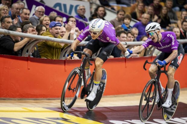 Belgian Lindsay De Vylder and Belgian Robbe Ghys pictured in action during the first day of the Zesdaagse VlaanderenGent sixday indoor track cycling event at the indoor cycling arena t Kuipke Tuesday 14 November 2023 in Gent BELGA PHOTO DAVID PINTENS Photo by DAVID PINTENS BELGA MAG Belga via AFP Photo by DAVID PINTENSBELGA MAGAFP via Getty Images