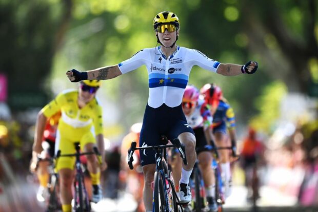 MONTIGNACLASCAUX FRANCE JULY 25 Lorena Wiebes of The Netherlands and Team SD Worx Protime celebrates at finish line as stage winner during the 2nd Tour de France Femmes 2023 Stage 3 a 1472km stage from CollongeslaRouge to MontignacLascaux UCIWWT on July 25 2023 in MontignacLascaux France Photo by Tim de WaeleGetty Images