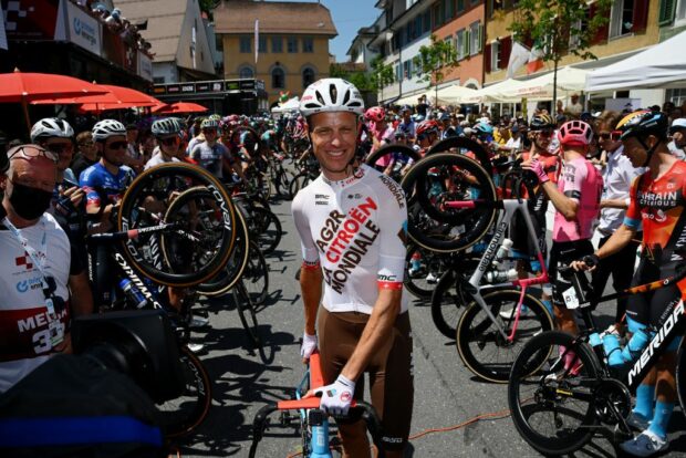 BEROMNSTER SWITZERLAND JUNE 12 Cyclists pay tribute to Michael Schr of Switzerland and Ag2R Citron Team prior to the 86th Tour de Suisse 2023 Stage 2 a 1737km stage from Beromnster to Nottwil UCIWT on June 12 2023 in Beromnster Switzerland Photo by Dario BelingheriGetty Images