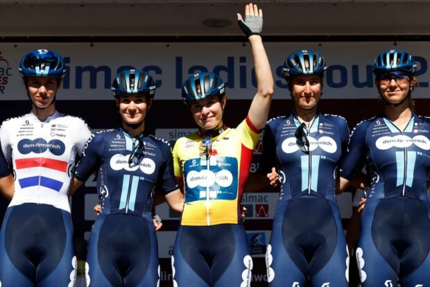 GENNEP NETHERLANDS SEPTEMBER 06 Charlotte Kool of The Netherlands and Team DsmFirmenich Yellow leader jersey prior to the 25th Simac Ladies Tour 2023 Stage 1 a 1391km stage from Gennep to Gennep UCIWWT on September 06 2023 in Gennep Netherlands Photo by Bas CzerwinskiGetty Images