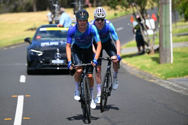 EELONG, AUSTRALIA - JANUARY 28: (L-R) Zac Marriage of Australia and Jackson Medway of Australia and Team Bridgelane compete in the breakaway during the 8th Cadel Evans Great Ocean Road Race 2024 - Men