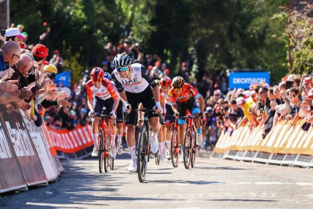 Tadej Pogacar works his way up the Mur de Huy on the path to victory at the 2023 La Flèche Wallonne