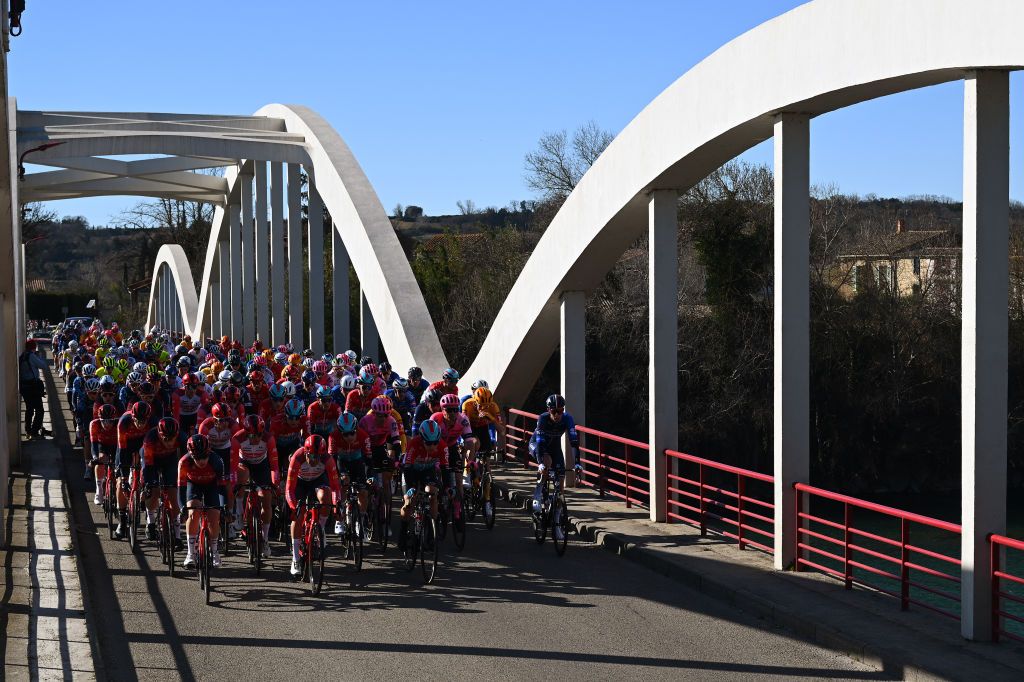 BELLEGARDESURVALSERINE FRANCE FEBRUARY 01 A general view of the peloton competing during the 53rd Etoile de Besseges Tour Du Gard 2023 Stage 1 a 16218km stage from Bellegarde to Bellegarde EDB2021 on February 01 2023 in BellegardesurValserine France Photo by Luc ClaessenGetty Images