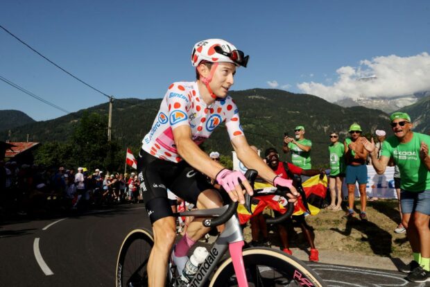 SAINTGERVAIS MONTBLANC FRANCE JULY 16 Neilson Powless of The United States and Team EF EducationEasyPost Polka Dot Mountain Jersey competes during the stage fifteen of the 110th Tour de France 2023 a 179km stage from Les Gets les Portes du Soleil to SaintGervais MontBlanc 1379m UCIWT on July 16 2023 in SaintGervais MontBlanc France Photo by Michael SteeleGetty Images