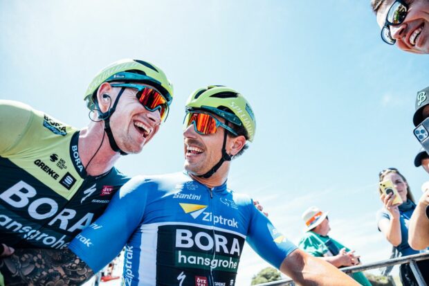 Sam Welsford is congratulated by his Bora-Hansgrohe teammates after scoring his third win in four days at the Tour Down Under