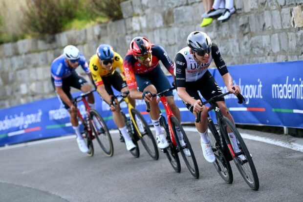 Mathieu van der Poel, Wout Van Aert, Tadej Pogačar and Filippo Ganna got away on the slopes of the Poggio in the 2023 Milan-San Remo