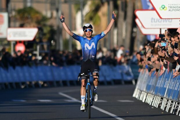 William Barta of The United States and Movistar Team celebrates at finish line as stage winner during the 75th Volta a la Comunitat Valenciana 2024 Stage 5