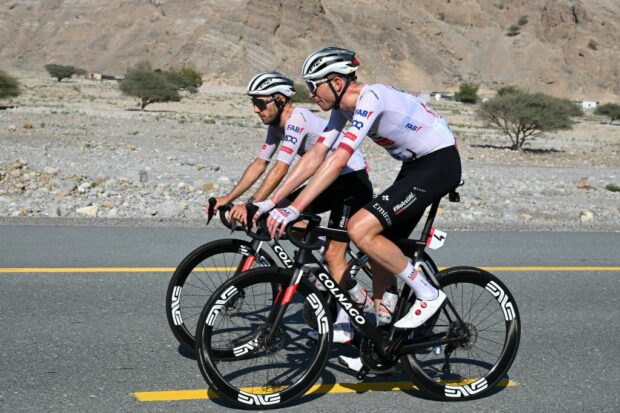 Adam Yates riding with teammate Vegard Stake Laengen during the UAE Tour on Wednesday