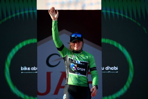 ABU DHABI UNITED ARAB EMIRATES FEBRUARY 12 Charlotte Kool of The Netherlands and Team DSM celebrates at podium as Green Points Jersey during the 1st UAE Tour Women 2023 Stage 4 a 119km stage from Fatima Bint Mubarak Ladies Sports Academy to Abu Dhabi Breakwater UAETourWomen UCIWWT on February 12 2023 in Abu Dhabi United Arab Emirates Photo by Tim de WaeleGetty Images