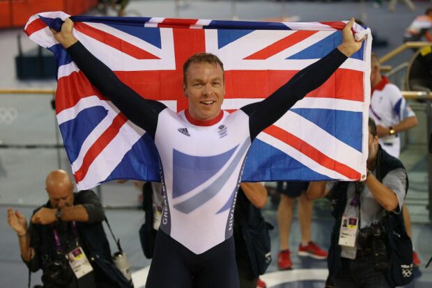 Sir Chris Hoy of Great Britain celebrates his victory in final of the men