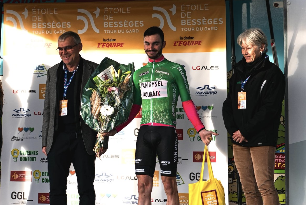 Maximilien Juillard receives the Combative Rider of the Day prize after stage 2 at 2024 Etoile des Bessèges