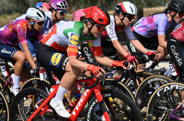 DUBAI, UNITED ARAB EMIRATES - FEBRUARY 08: Elisa Longo Borghini of Italy and Team Lidl-Trek competes during the 2nd UAE Tour 2024, Stage 1 a 122km stage from Dubai Miracle Garden to Dubai Harbour / #UCIWWT / on February 08, 2024 in Dubai, United Arab Emirates. (Photo by Dario Belingheri/Getty Images)