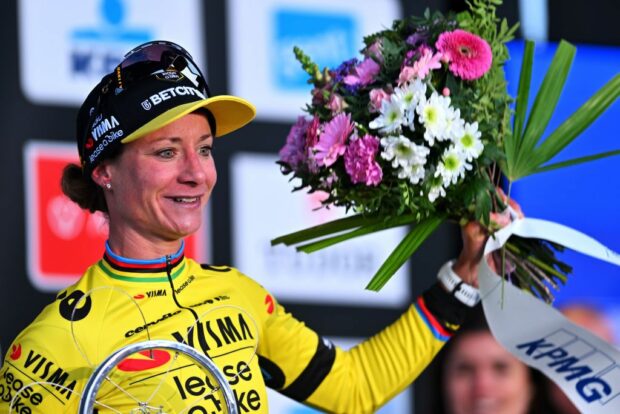 Marianne Vos (Visma-Lease A Bike) celebrates winning Omloop Het Nieuwsblad on her first attempt
