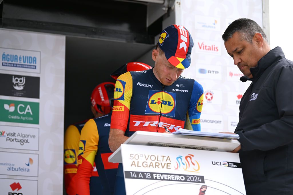PORTIMAO PORTUGAL FEBRUARY 14 Tao Geoghegan Hart of The United Kingdom and Team Lidl Trek signs prior to the 50th Volta ao Algarve em Bicicleta 2024 Stage 1 a 2008km stage from Portimao to Lagos on February 14 2024 in Portimao Portugal Photo by Dario BelingheriGetty Images